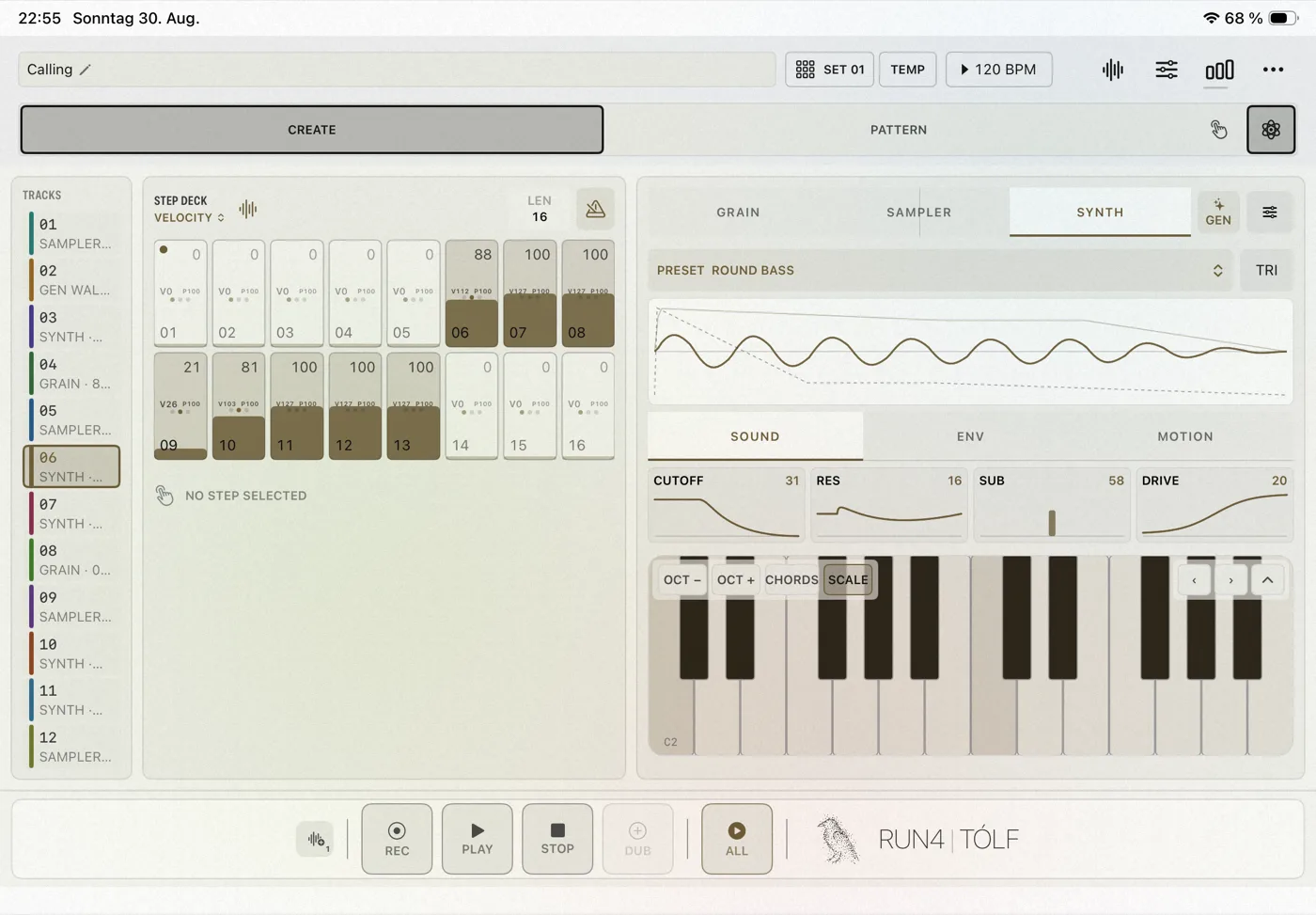 CREATE on iPhone and iPad: the step deck, the keyboard and the selected track's sound. (iPad)