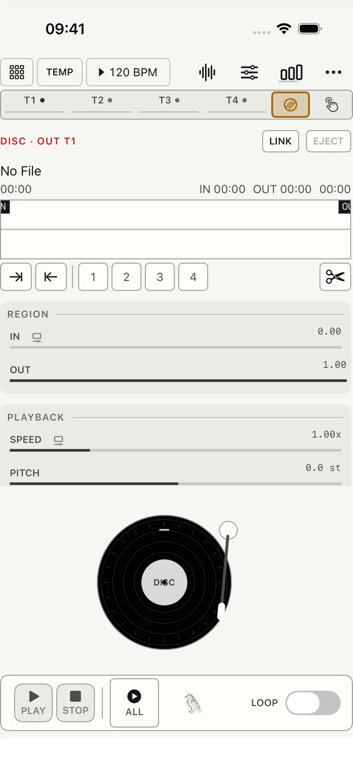 Disc on iPhone and iPad: one deck for long files, outside the four tracks. (iPhone)