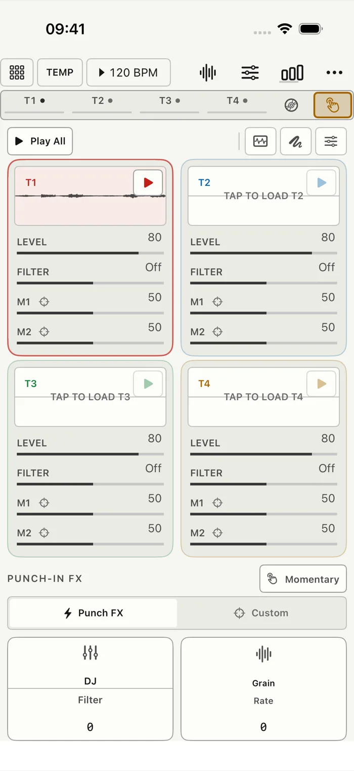 Perform on iPhone and iPad: four track panels with level, filter and macros, above the Punch-in FX row. (iPhone)