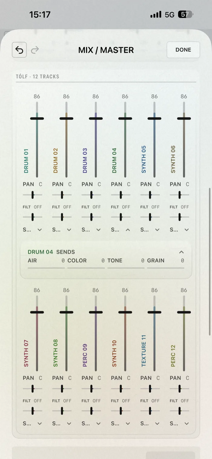 TÓLF's channels on Mix/Master, on iPhone and iPad: the same channel strip RUN4's tracks use. (iPhone)